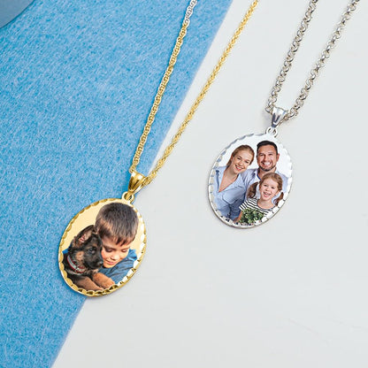 Oval w/Diamond Cut Edge Custom Photo Engraved Pendant - in Solid 14K, 10k, Yellow, White, Or Sterling Silver - color: Solid 10K White Gold + Photo, size: 3/4 x 1 Inch