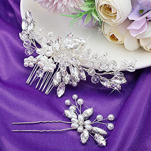 5 Pieces Wedding Hair Comb Bridal Pins Crystal Pearl Wedding Hair Accessories Rhinestone Flower Piece for Bride Bridesmaids Women(Silver) - color: Silver