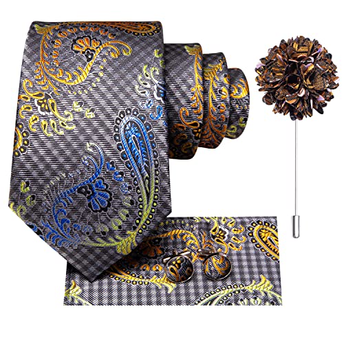 Hi-Tie Men's Silk Ties Formal Woven Classic Necktie Pocket Square Cufflinks Lapel Pin Set Wedding Business - color: A Grey and Blue