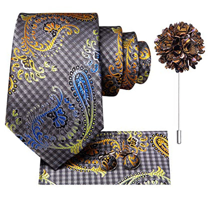 Hi-Tie Men's Silk Ties Formal Woven Classic Necktie Pocket Square Cufflinks Lapel Pin Set Wedding Business - color: A Grey and Blue