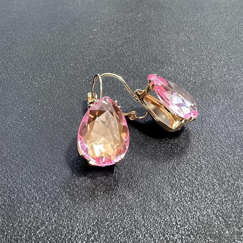 14K Gold Teardrop Crystal Leverback Earrings Sparkly Rhinestone Water Droplet Dangle Drop Earrings For Women - color: Light Pink