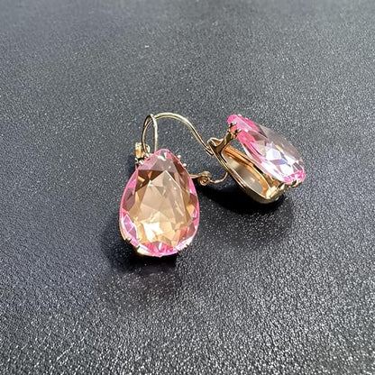 14K Gold Teardrop Crystal Leverback Earrings Sparkly Rhinestone Water Droplet Dangle Drop Earrings For Women - color: Light Pink