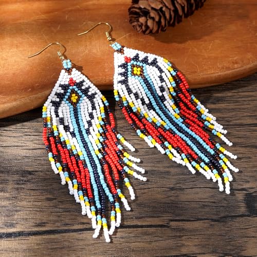 Bohemian Tassel Colorful Beaded Earrings For Women Trendy, Long Fringe Feather Drop Jewelry Handmade Gifts. - color: color4