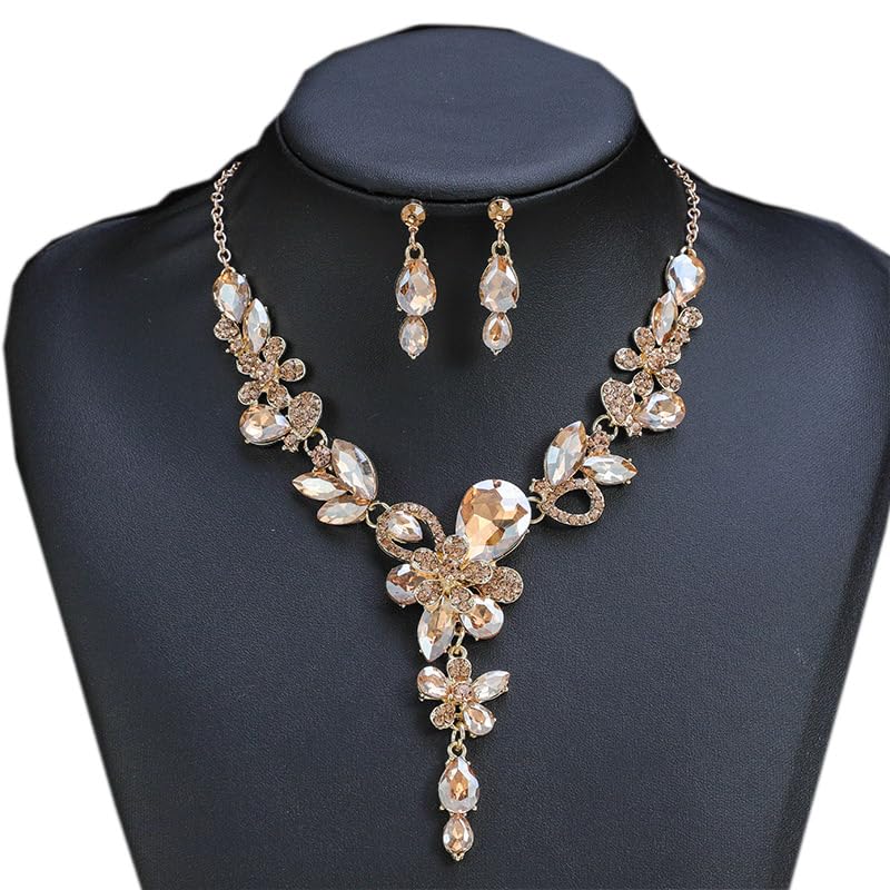 Rhinestone Crystal Bridal Necklace Floarl Art Deco Teardrop Collar Necklace Dangle Earrings Jewelry Set for Women - color: Champagne