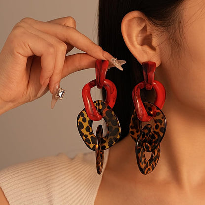 Exaggerated Leopard Dangle Earrings for Women Large Red Leopard Print Hoop Link Dangling Earrings Trendy Big Acrylic Irregular Circle Link Drop Earrings Chunky Red Cheetah Print Resin Jewelry Gift