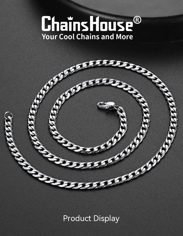 ChainsHouse Stainless Steel Cuban Link Chain Necklace for Mens Jewelry | 4mm/6mm/9mm/13mm Width Flat Cuban Chain, Black/14K Gold Plated Hip Hop Jewelry Mens Necklace 14"-30" Length with Gift Box - color: Silver