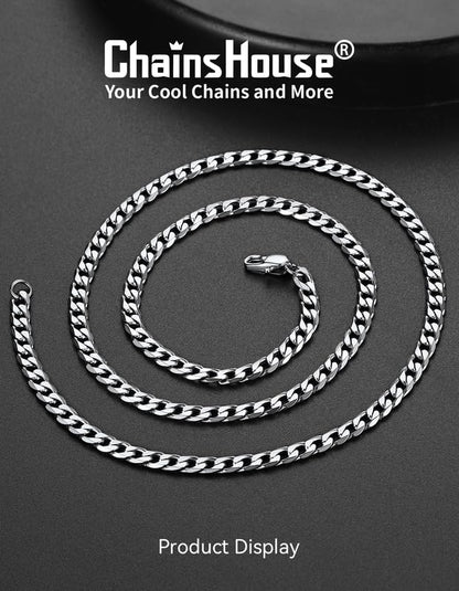 ChainsHouse Stainless Steel Cuban Link Chain Necklace for Mens Jewelry | 4mm/6mm/9mm/13mm Width Flat Cuban Chain, Black/14K Gold Plated Hip Hop Jewelry Mens Necklace 14"-30" Length with Gift Box - color: Silver