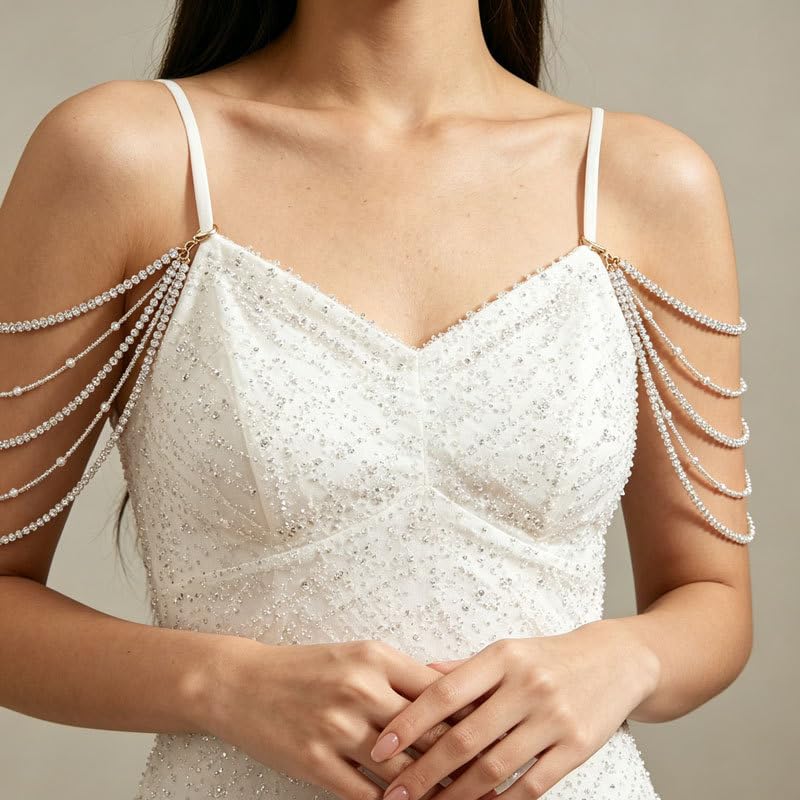 Pearl Arm Chain Wedding bridal Shoulder Jewelry Layered Prom Party Body Jewelry for Slide Dress Costume Accessory - color: Pearl Chain-2Pcs