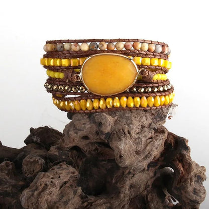 Women Wrap Bracelet Boho Natural Jasper Crystal Stone Beads Strand Bracelets - color: Style 19-Yellow