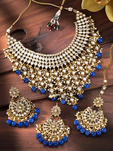 Aheli Elegant Indian Wedding Wear Faux Kundan Studded Choker Necklace with Maang Tikka Set Ethnic Fashion Jewelry for Women Maroon Kundan & Pearl Drop - color: Blue