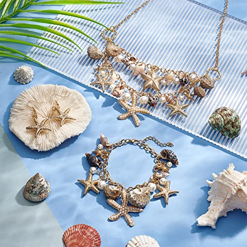 PH PandaHall Mermaid Jewelry Accessories for Women, Gold Starfish Necklace Bracelet Boho Seashell Jewelries Ocean Beach Bib Statement Necklace Earrings for Summer Cosplay Holiday - color: Gold Bracelet & Necklace & Earrrings + Gift Box