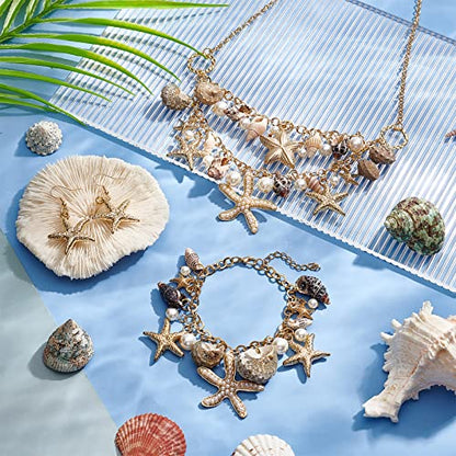 PH PandaHall Mermaid Jewelry Accessories for Women, Gold Starfish Necklace Bracelet Boho Seashell Jewelries Ocean Beach Bib Statement Necklace Earrings for Summer Cosplay Holiday - color: Gold Bracelet & Necklace & Earrrings + Gift Box