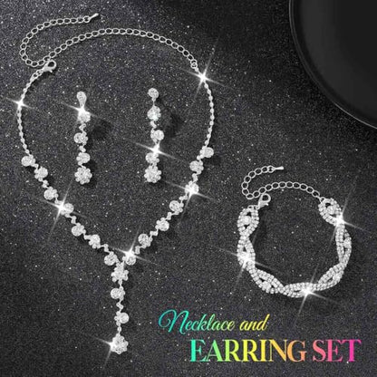 Silver Wedding Jewelry Sets Rhinestone Necklace Earrings Bracelet Set Prom Formal Costume Jewelry for Women and Brides - color: Silver