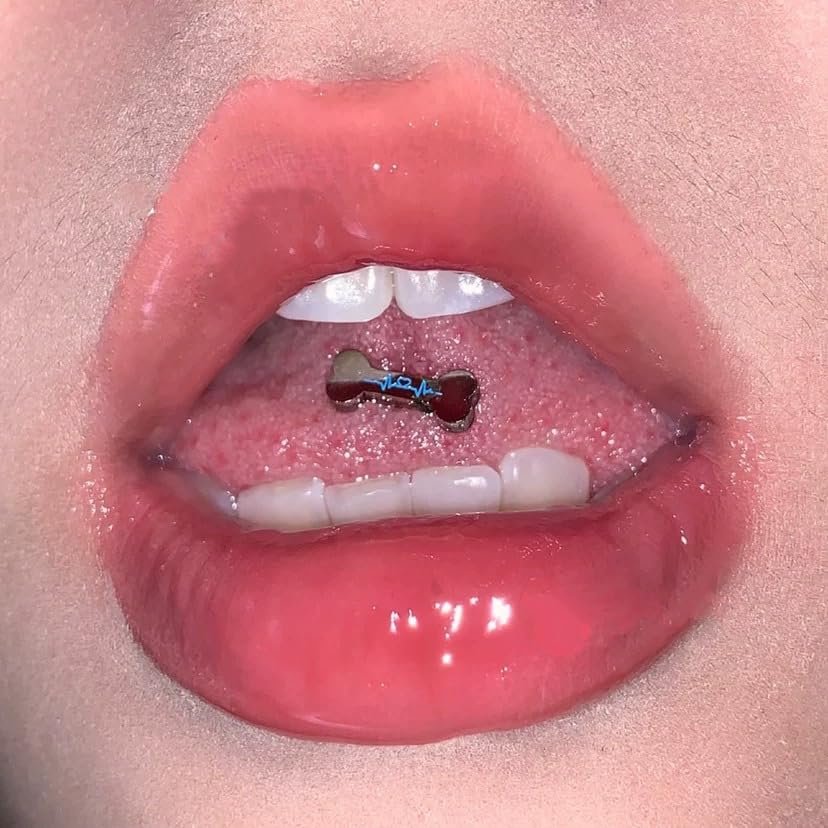 14G Cute Bone Tongue Rings for Women 316L Surgical Stainless Steel Tongue Straight Barbell Tongue Body Piercing Jewelry - color: Pink