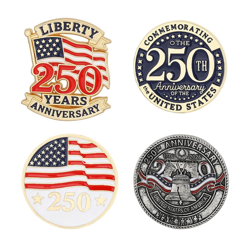 4Pack USA 250th Anniversary Pins, 250th Merchandise - Alloy Metal Enamel Patriotic Lapel Pin for July 4th, Independence Day, Semiquincentennial Commemorative Badges for Men Women, Hats, Bags, Gifts