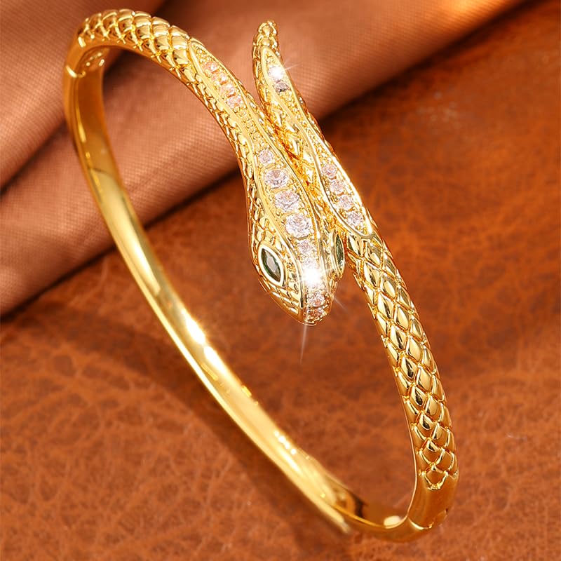 Gold Snake Bangle Bracelet for Women, Cubic Zirconia Copper Cuff Jewelry | Gold-plated copper snake cuff with cubic zirconia, green stone accent and comfortable open cuff design.