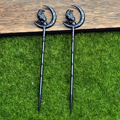 2PCS Viking Raven Hair Sticks – Moon Hair Pins for Women | Black Viking Hair Accessories with Raven Moon Design for Long Hair, Buns, Updos, Renaissance Festival, Halloween & Cosplay