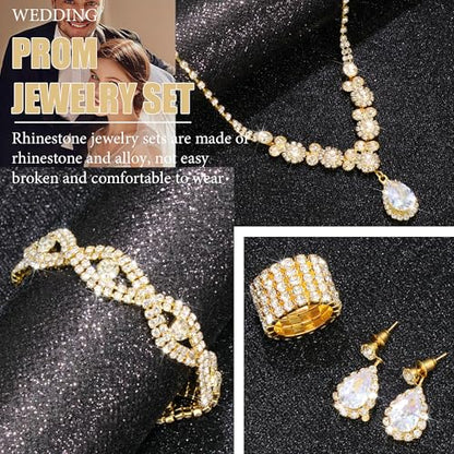 Rhinestone Jewelry Set Crystal Pearl Necklace Bracelet Earrings | Sparkly Necklace Dangle Earrings,Wedding Prom Formal Costume Jewelry Sets for Women - color: Gold1