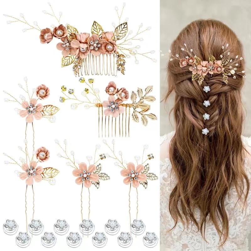 Cinaci 18 Pieces Bridal Wedding Party Prom Pearl Rhinestone Pink Flower Hair Side Combs Slides+U-shaped Flower Hair Pins+Twist Spiral Hairpins Floral Headpieces for Brides Bridesmaids Women Girls - color: Pink