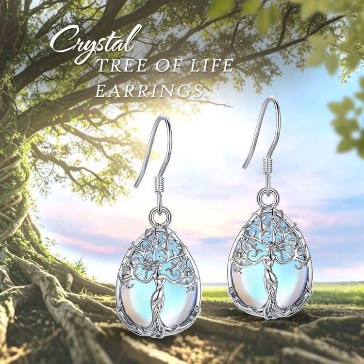 AEONSLOVE Tree of Life Crystal Earrings with Sterling Silver Ear Hooks, Dangle Drop Tree Earrings Gifts for Women - style: A01-Moonstone-Teardrop