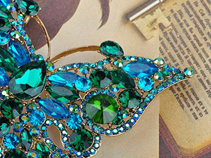 Alilang Golden Tone Sparkle Green Blue Crystal Rhinestones Butterfly Insect Brooch Lapel Pins for Hat Bag Suit Tie