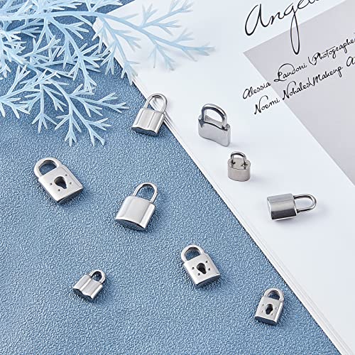SUNNYCLUE 1 Box 9 Styles Silver Lock Charms Stainless Steel Padlock Pendants Mini Hollow Key Hole Lock Metal Charm for Valentine's Day Gifts Necklaces Earrings DIY Crafts Making Supplies