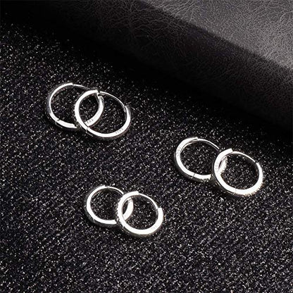 3 Pairs 925 Sterling Silver Small Hoop Earrings for Women Men | Cubic Zirconia, 14K White Gold Plated Huggie Hoop Earrings, Hypoallergenic - style: Ca-silver 12mm*3