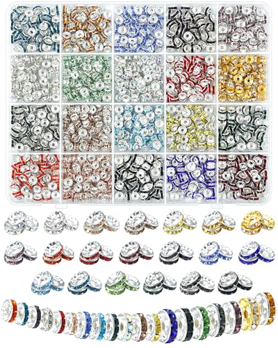 1200PCS FIVEIZERO 20 Colors Rondelle Spacer Beads for Jewelry Making, 6mm, 8mm, 10mm Rhinestone Beads for Bracelets, Spacer Bead for Pens and DIY Crafts(6mm) - color: Mixcolor,6mm