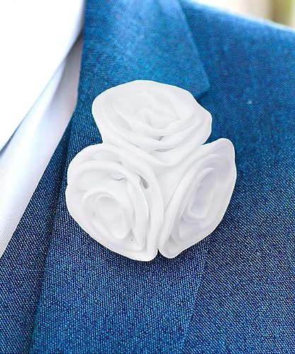 Premium Trio Cluster Flower Lapel Pin - Formal Boutonniere for Men, Flower Brooch Pin - color: White