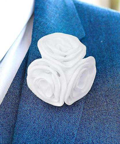 Premium Trio Cluster Flower Lapel Pin - Formal Boutonniere for Men, Flower Brooch Pin - color: White