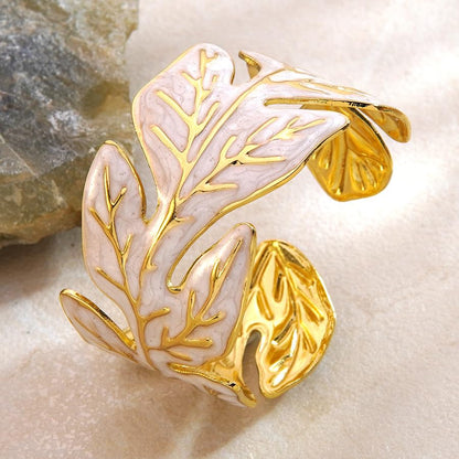 18K Gold Plated White Enamel Cuff Bracelet for Women - color: leaves