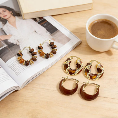 3 Pairs Amber Jewelry Boho Brown Earrings for Women Chunky Amber Earrings | Boho Brown Earrings Chunky Amber Earrings Vintage Resin Beaded Loop Earring, Boho Accessories Vintage Jewelry Gifts ﻿