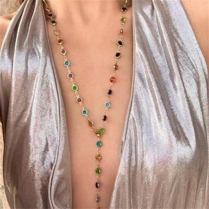 KURTCB Rhinestone Necklace for Women Boho Long Y Lariat Gold Necklace Stack Colorful Summer Beach Jewelry - color: Muliticolor
