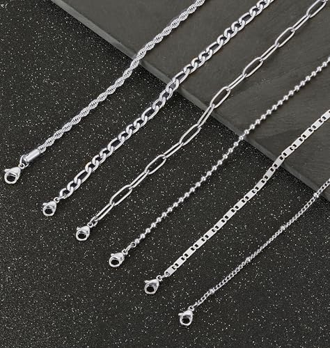 8Pcs Ankle Bracelets for Women Stainless Steel Waterproof Layered Cuban Figaro Link Chain Rope Paperclip Herringbone Satellite Bead Anklets Set Summer Beach Jewelry Gold Silver Tone 8.5 Inch - color: B:Silver