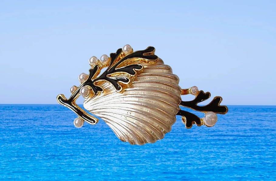 Silver Seashell Brooch Pin with Coral Enamel & Faux Pearls – Silver Plated Ocean Theme Statement Brooch, Nautical Beach Jewelry Gift for Women