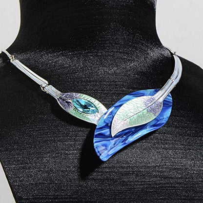 AMYJANE Vintage Statement Jewelry Set - Spring Leaf Flower Floral Plant Necklace Earring Set Crystal Rhinestone Fashion Costume Jewelry for Women Prom Party Unique Gift - style: 2 Leaves Jewelry Set Blue