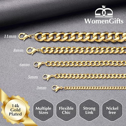 WomenGifts Cuban Link Chain Necklace for Women, Waterproof 14k Gold Silver Plated Chain Choker, Non Tarnish Stainless Steel Jewelry, 3.5/5/6/8/11mm,14/16/18 Inch Thin&Chunky&Thick - color: Gold, style: 3.5MM-14"