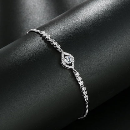 Solid 14K Gold Over 925 Silver Moissanite Evil Eye Bracelet for Women,Dainty Round Cut Moissanite Devil’s Eye Chain Bracelet,Lucky Jewelry Gift for Her,Adjustable 8" to 9" - color: White Gold