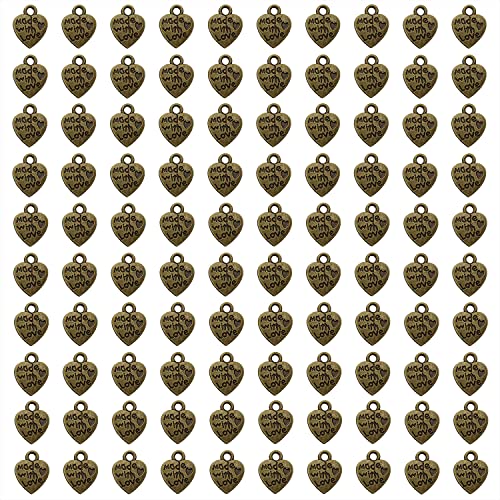 Shapenty 100PCS Mini Metal Beads Heart Shaped “Made with Love” Charms Bulk for DIY Craft Keychain Necklace Pendants Bracelets Earrings Jewelry Making Findings - color: Bronze