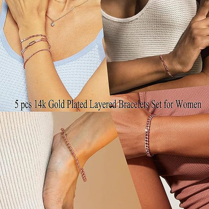 Gold Bracelets Set for Women Non Tarnish Trendy,14K Gold Plated Dainty Stackable Paperclip Cuban Link Chain Bracelets, Simple Cute Cuff Bracelets Jewelry Set Adjustable 7"+2" - color: Rose Gold