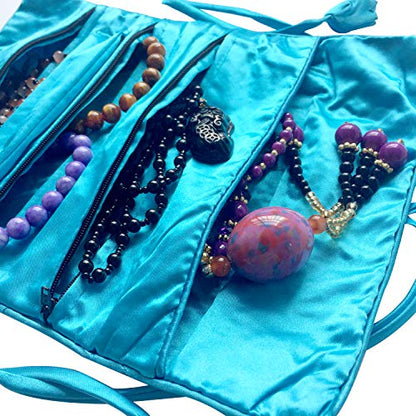 Travel Jewelry Roll Bag - Silk Embroidered Brocade Pouch for Rings, Necklaces, Earrings, Bracelets | Lightweight & Tie Closure (Sky Blue) - color: Sky Blue