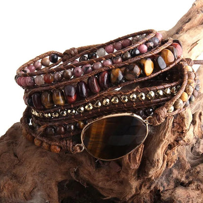 Women Wrap Bracelets Boho Natural Stone Jasper Turquoises Strand Bracelet Jewelry Collection - color: Tiger Eye 2