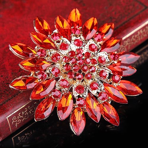 Rhinestone Sunflower Brooch Pin Red Pink Flower Brooch Stylish Crystal Brooch Elegant Clothing Hat Bag Accessories Jewerly for Women - color: red