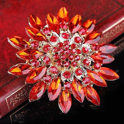 Rhinestone Sunflower Brooch Pin Red Pink Flower Brooch Stylish Crystal Brooch Elegant Clothing Hat Bag Accessories Jewerly for Women - color: red