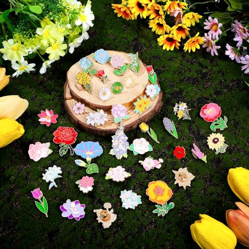 Giegxin 40 Pcs Flower Enamel Pins for Backpacks Floral Lapel Pins Bulk Cute Wildflower Rose Spring Sunflower Tulip Lily Hydrangeas Brooch for Women Mothers Teachers Nurse Gifts - style: Floral