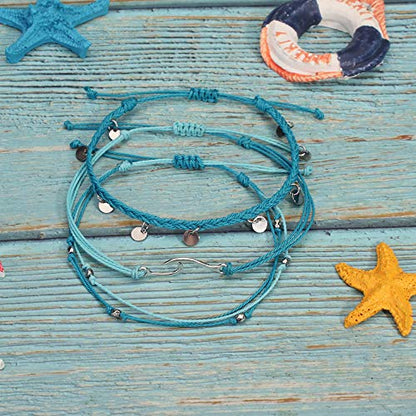Waterproof String Anklets Cute Beaded Ankle Bracelets Beach Wave Anklet Stainless Steel Coin Boho Ankle Jewelry for Women - color: Blue
