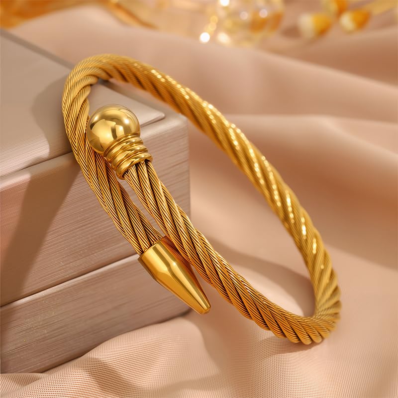 Modern Gold Bracelet for Women – Stainless Steel Braided Steel Bead Nail Bangle, Edgy Industrial Design, Everyday Fashion Jewelry