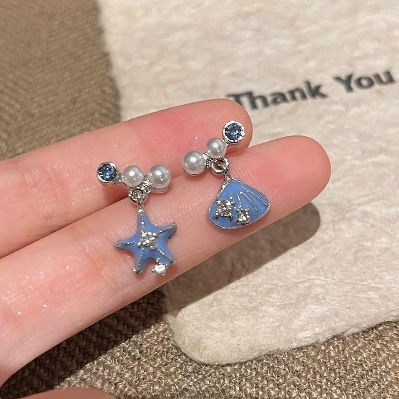 Starfish Shell Mismatched Drop Earrings for Women Blue Ocean Theme Dangle Earrings with Pearl Crystal Accents