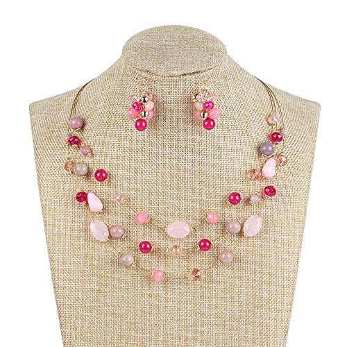 Coiris 3 Layers Illusion Wire Beaded Statement 19.5" Necklace for Women - color: N0005-Pink Mix