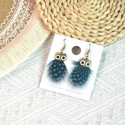 Owl Feather Earrings for Women Bohemian Vintage Personality Wave Dot Feather Dangle Drop Earrings Boho Retro Alloy Long Statement Earrings Feather Party Jewelry Gift